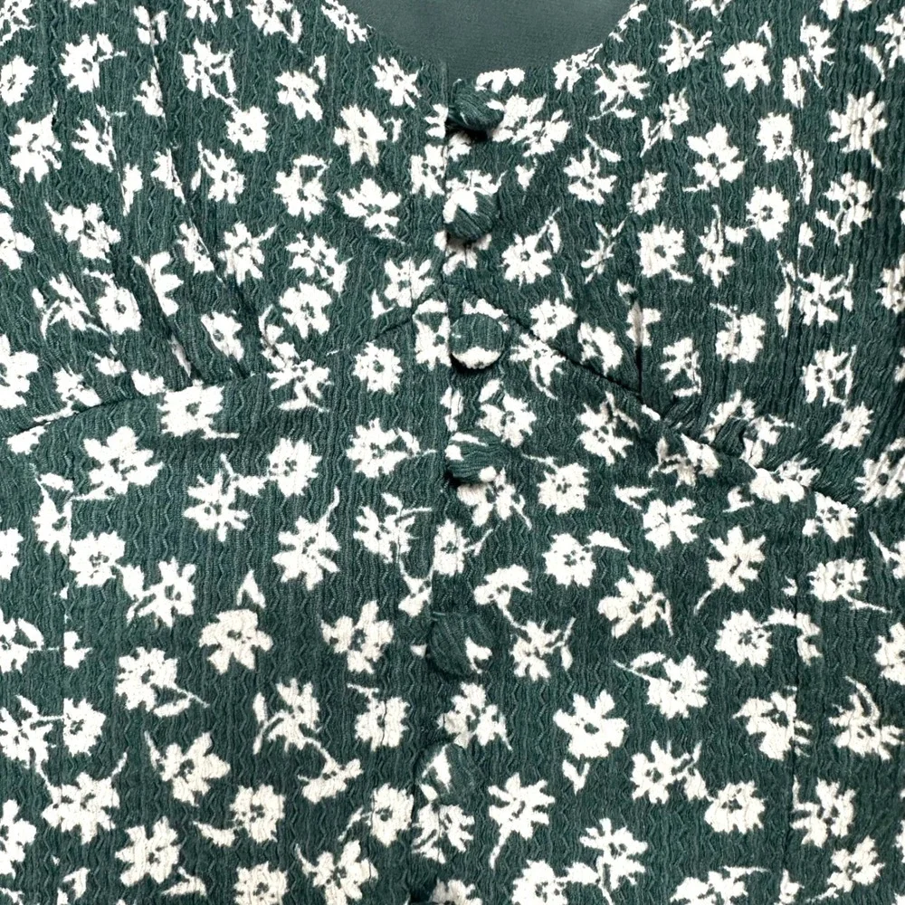 Free People Daisy Chain Top Forest Green Floral Puff Sleeve Square Neck XS